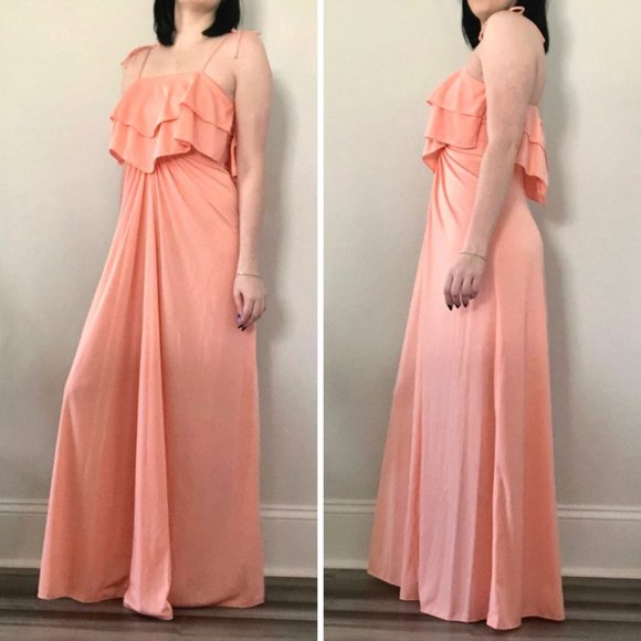 Vintage Dresses & Skirts - Vintage 1970s Peach Tiered Bust Maxi Dress w/ Tie Straps